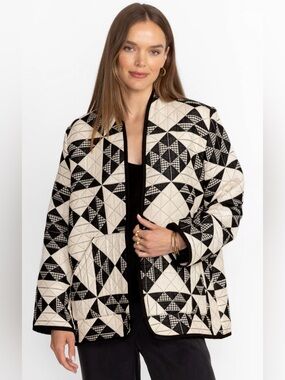 Johnny Was Black & Cream Geometric Quilted open-front Jacket